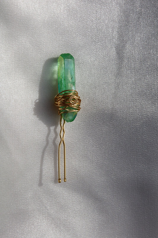 Emerald Aura Quartz Crystal Pin